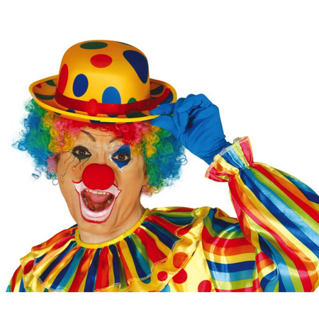 Clown verkleed set gekleurde pruik met bolhoed geel met stippen