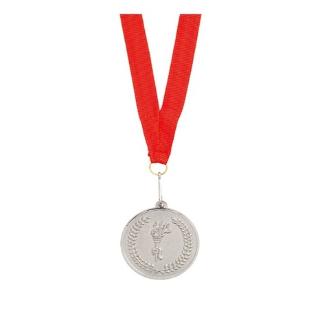 Silver medal on a red ribbon