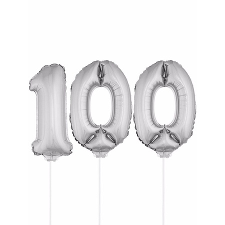 Inflatable silver foil balloon number 100 on stick