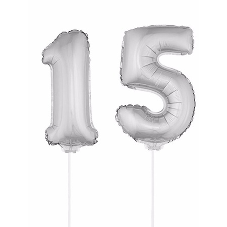 Inflatable silver foil balloon number 15 on stick