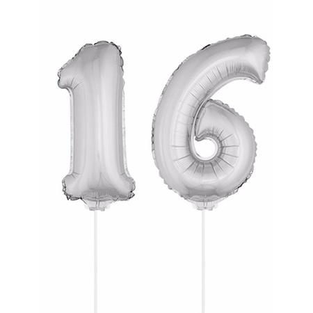 Inflatable silver foil balloon number 16 on stick