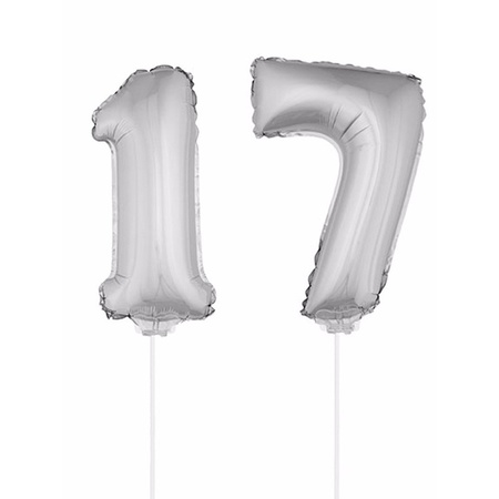 Inflatable silver foil balloon number 17 on stick