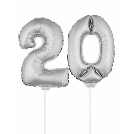 Inflatable silver foil balloon number 20 on stick