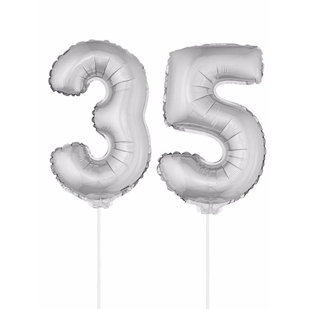 Inflatable silver foil balloon number 35 on stick