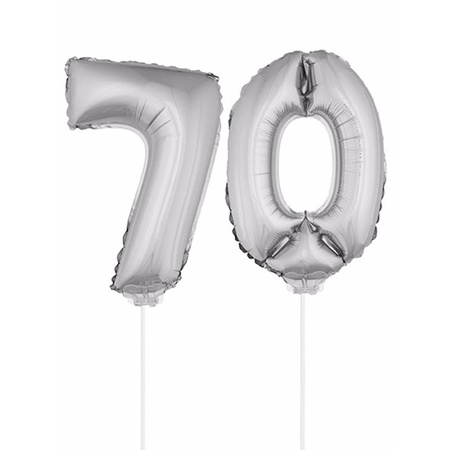 Inflatable silver foil balloon number 70 on stick