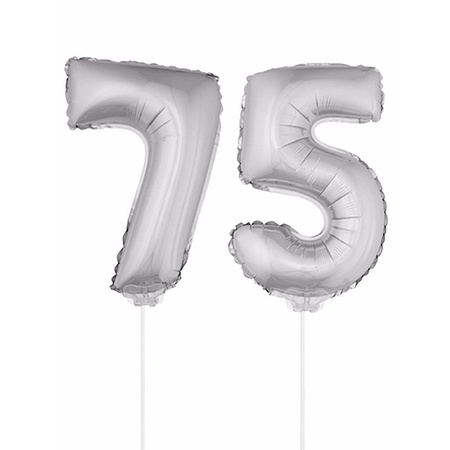 Inflatable silver foil balloon number 75 on stick