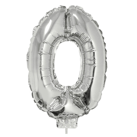 Zilveren opblaas cijfer ballon 0 op stokje 41 cm