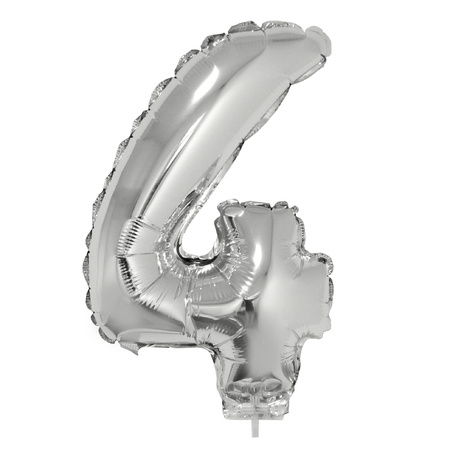 Zilveren opblaas cijfer ballon 4 op stokje 41 cm