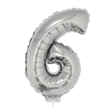 Zilveren opblaas cijfer ballon 6 op stokje 41 cm