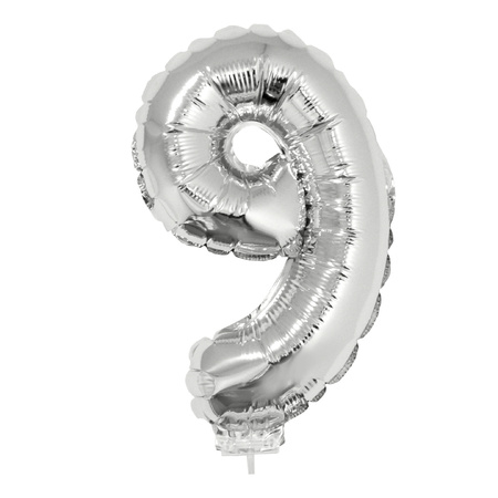 Zilveren opblaas cijfer ballon 9 op stokje 41 cm