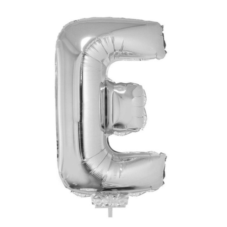 Silver inflatable letter balloon E on a stick