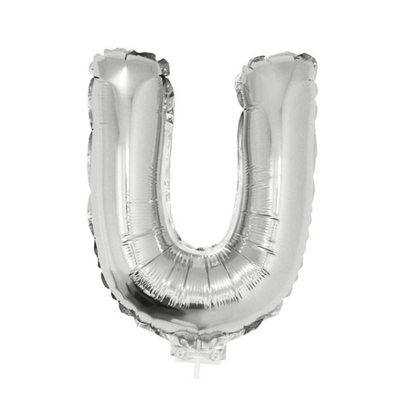Silver inflatable letter balloon U on a stick