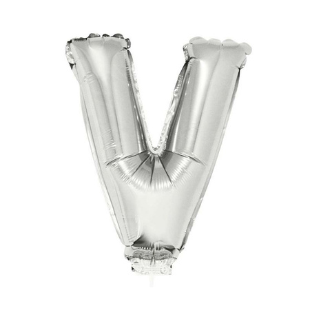 Silver inflatable letter balloon V on a stick