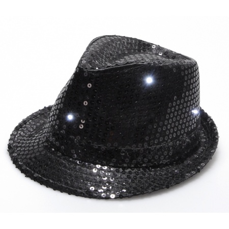 Pailletten trilby hoed zwart LED light