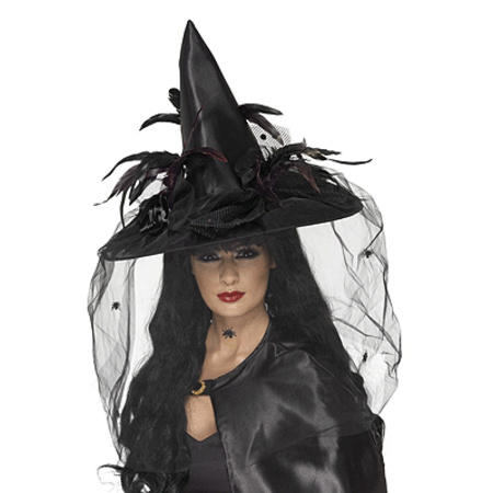 Black witch hat with feathers and netting