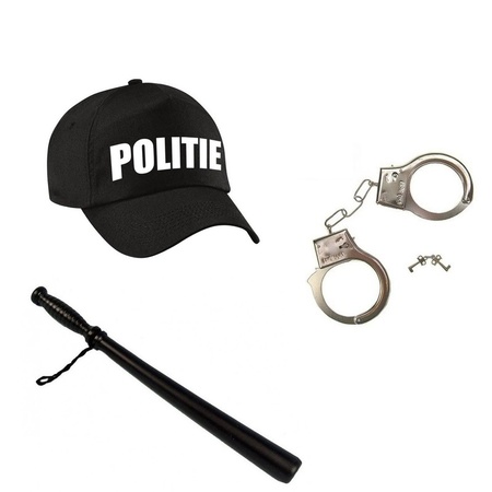 Black police cap for adults with rubber bat and handcuffs