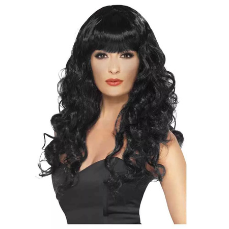 Black wig with curls and straight fringe
